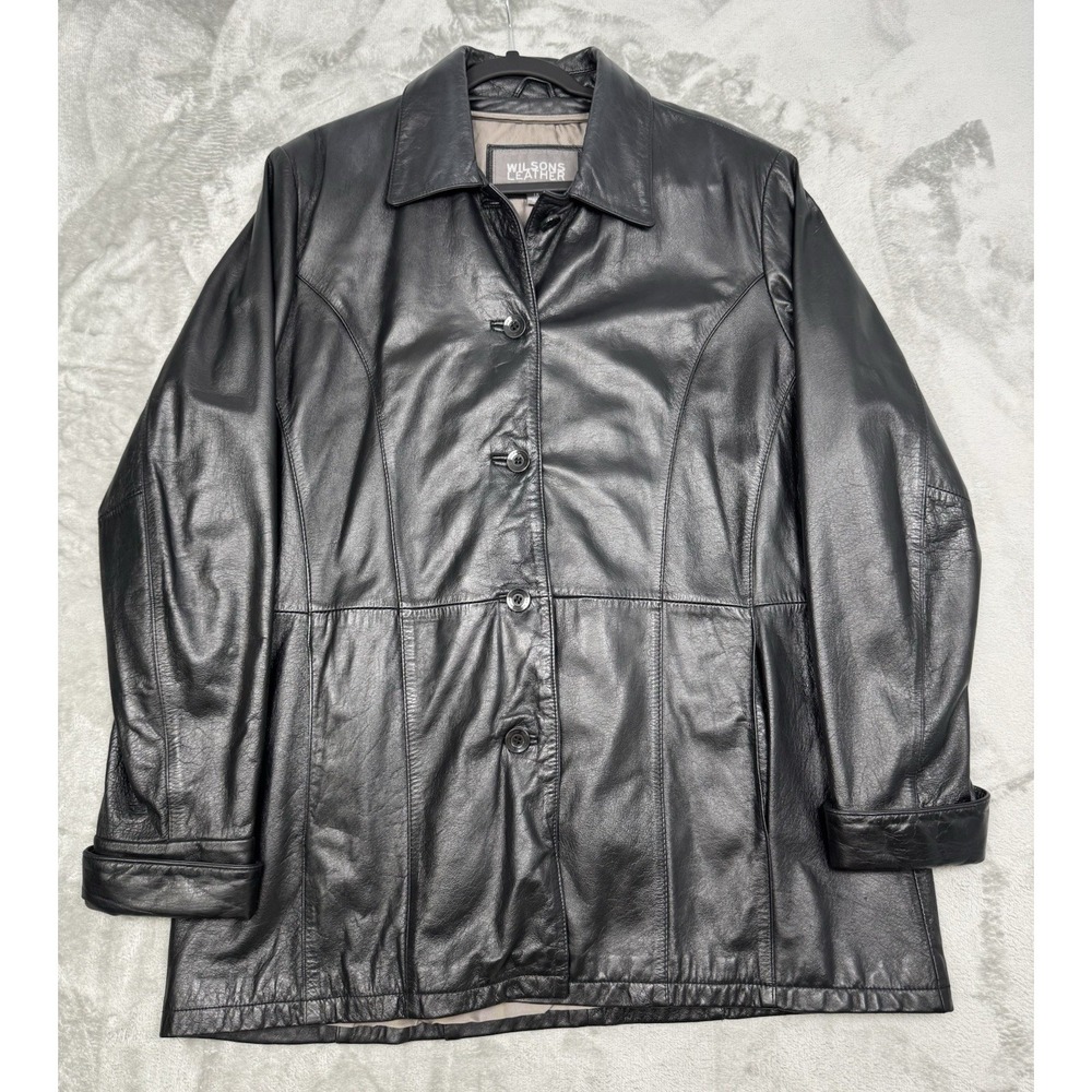 Vintage Wilsons Leather Jacket Womens 1X Black Button Trench Car Biker 90s Y2K